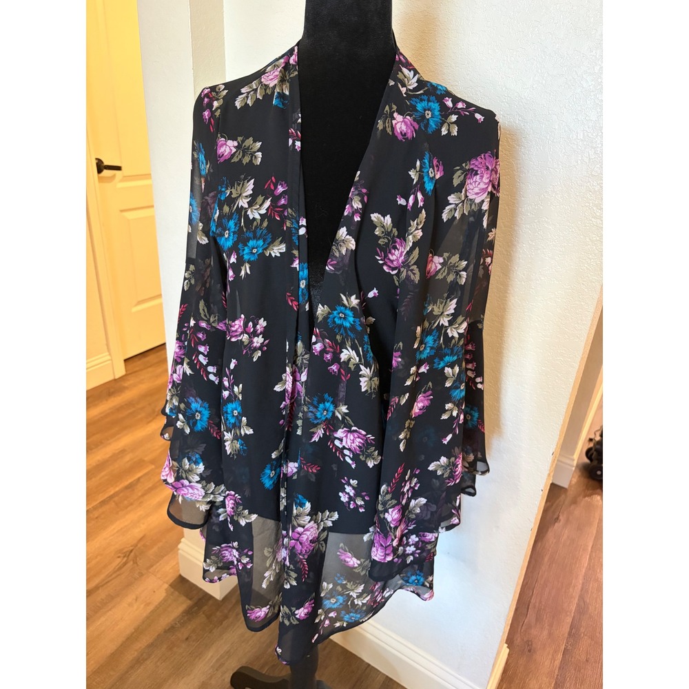 Lane Bryant Floral Kimono Cardigan Black Purple Blue Bell Sleeve Size 14/16
